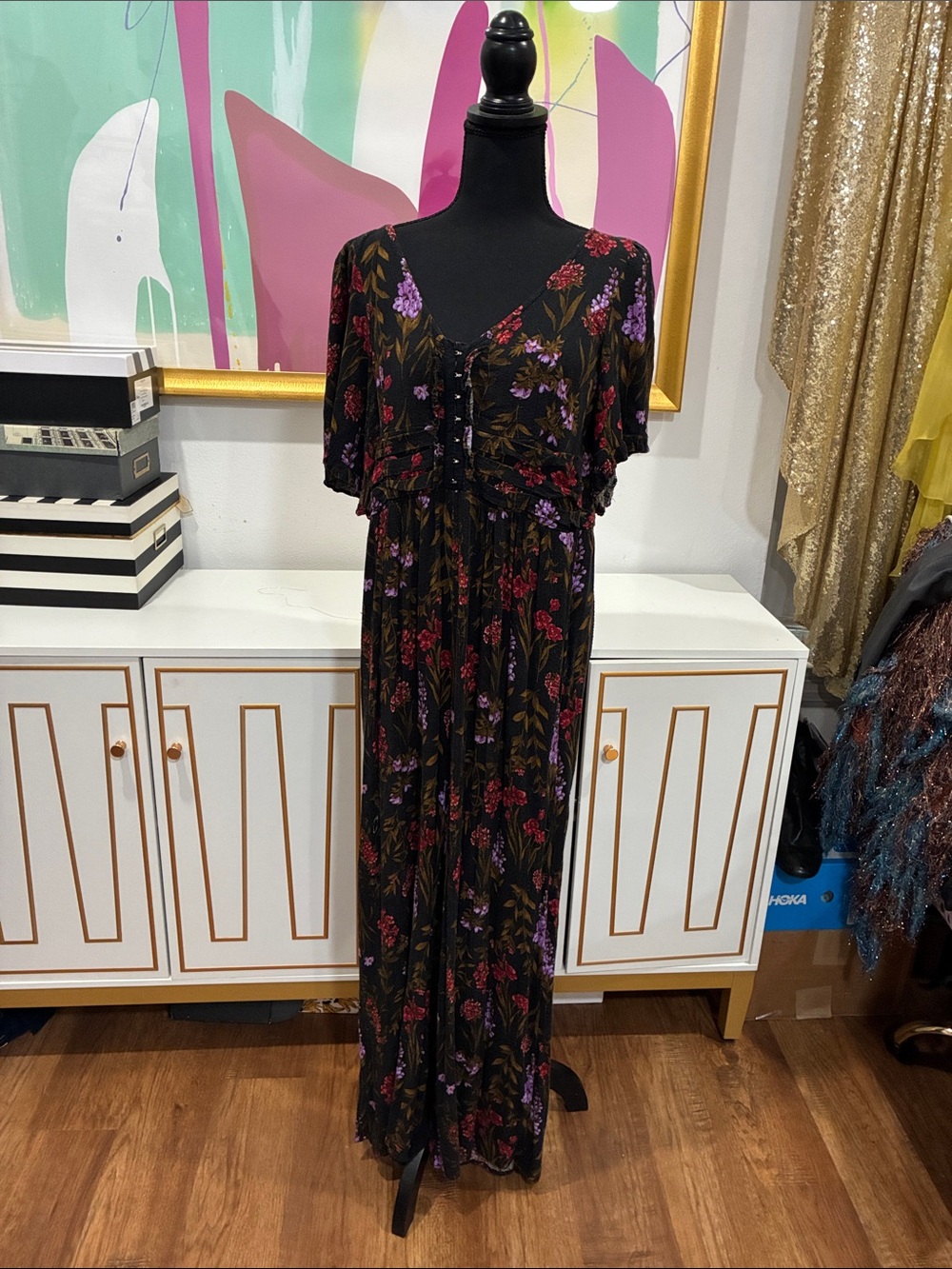 American Eagle Outfitters Black Floral Jumpsuit with Purple & Red Accents